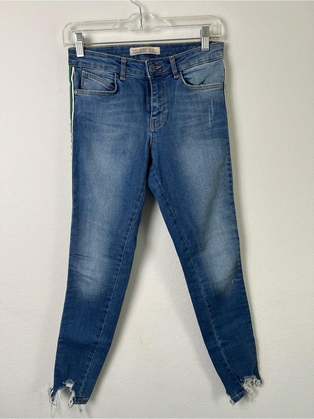 Zara Basic Z1975 Denim Distressed Blue Jean with White Green Black Ribbon Stripe